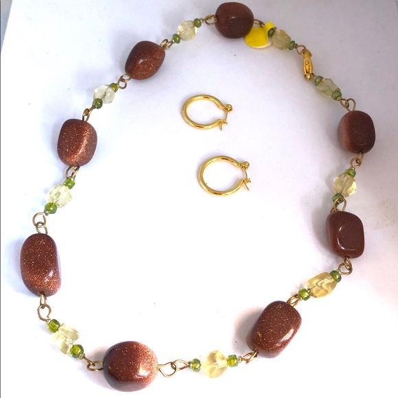 Goldstone handmade necklace and gold earrings set - Picture 1 of 3
